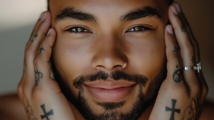 Obraz premium Portrait of a Smiling Bearded Man with Tattoos and Piercing in Natural Light