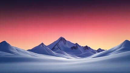 A serene snow-covered mountain range at sunset, with a vibrant gradient sky transitioning from deep orange to pink, creating a tranquil winter landscape