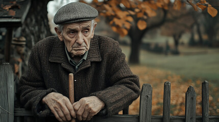 An elderly man with a sad expression on his face and drooping shoulders leans against a fence. The autumn background gives the picture a warm but sad atmosphere.