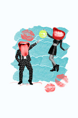 Composite trend artwork sketch image photo collage of caricature headless couple dance party...
