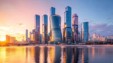 Obraz premium A panoramic view of the Moscow skyline at sunset.