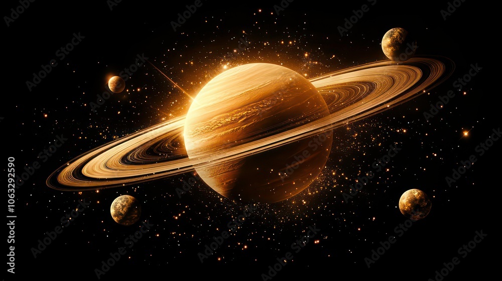 Aufkleber saturn planets in deep space with rings and moons surrounded. isolated on black background