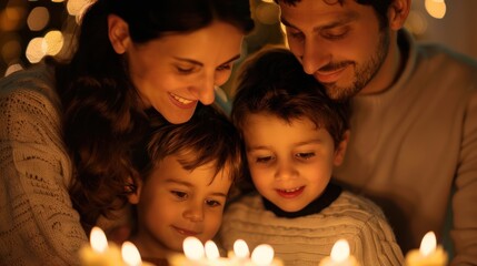 A warm, joyful family moment with parents and two children gathered around softly glowing candles, celebrating togetherness and love.