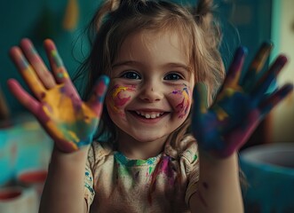 A cute little girl with painted hands is smiling at the camera, sitting in front of an empty table covered by colorful paint pots and crayons