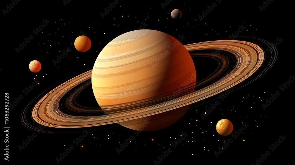 Poster saturn planets in deep space with rings and moons surrounded. isolated on black background