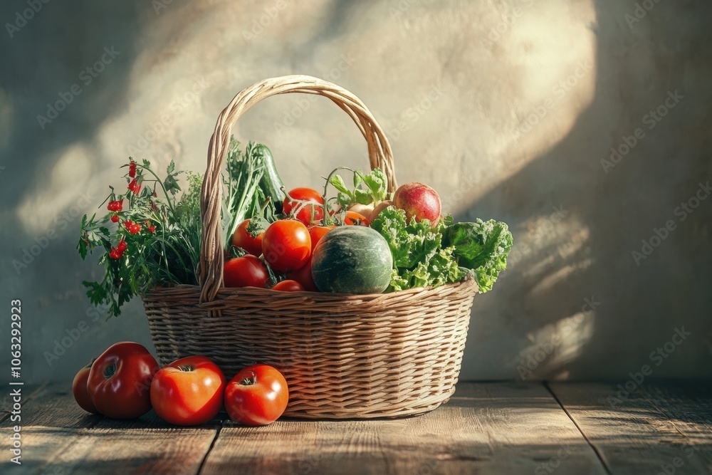 Poster a wicker basket brimming with fresh vegetables and colorful fruits rests on a wooden table, illumina