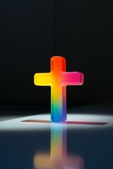Obraz premium A luminous gradient cross radiates color, symbolizing diversity and faith against a dark backdrop.