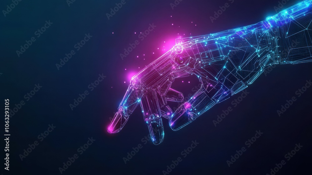 Poster index human finger presses on a chip or processor. technology innovation concept. 3d low poly wirefr