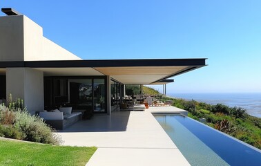 Fototapeta premium A stunning modern villa with white walls, wooden accents, and large windows