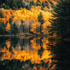 Obraz premium Golden fall foliage reflected in a peaceful lake