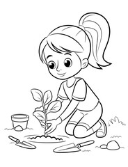 drawing of a young girl planting a small sapling. 