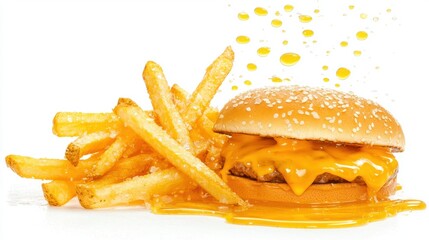 Delicious Stuffed Burger with Cheesy Sauce and Fries White Background