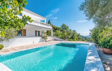 A stunning modern villa with white walls, wooden accents, and large windows