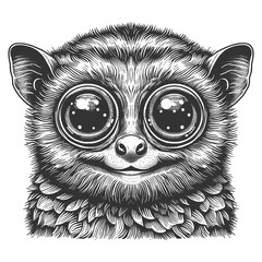 Naklejka premium tarsier animal face with large eyes, showcasing its distinct features and fur texture sketch engraving generative ai raster illustration. Scratch board imitation. Black and white image.