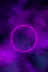 Abstract dark background with smoke and a neon circle in the center.