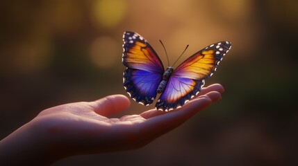 a butterfly with shades of purple, yellow and orange, perched on a hand. 