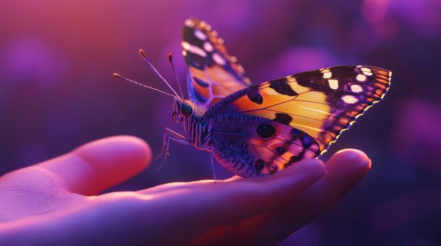 a butterfly with shades of purple, yellow and orange, perched on a hand. 