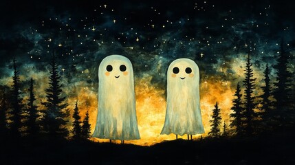 Two smiling ghosts standing in front of a forest with a starry sky above it and glowing golden clouds behind them .