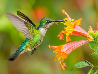 Fototapeta premium A brilliant hummingbird sips nectar from a vibrant flower in a natural, raw style setting.