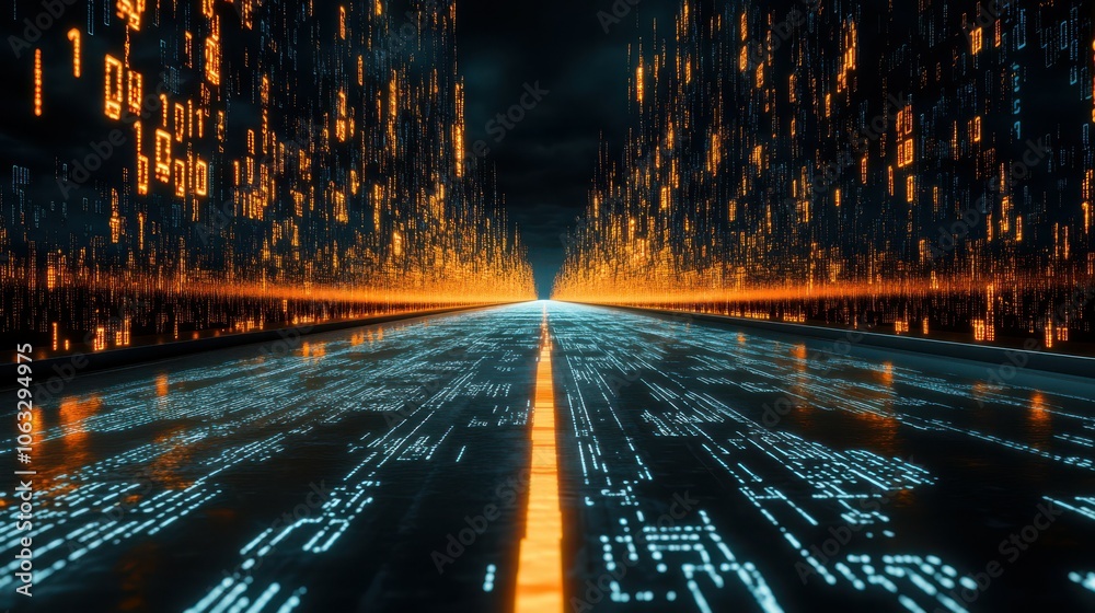 Poster sreaming data, binary data moving on a digital road - digital code road concept - 3d illustration\