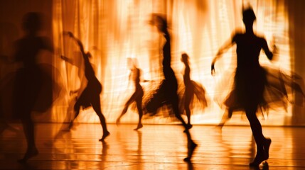 Blurry silhouettes of elegant dancers gracefully moving across the stage.