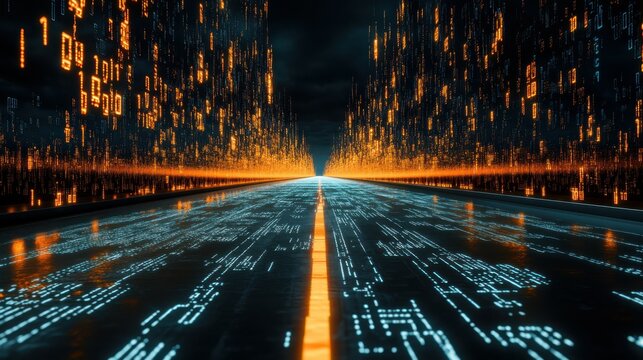 Sreaming data, binary data moving on a digital road - Digital Code road concept - 3d illustration\