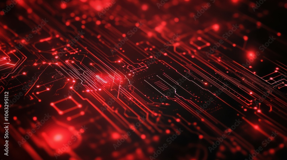 Poster isometric circuit background in red. technology circuit board background. ai chip, electronics eleme