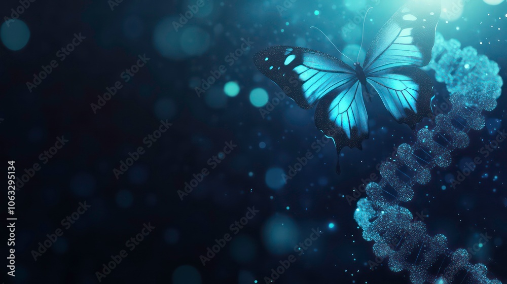 Poster science technology banner cover with a close-up of a genome and a translucent butterfly on an abstra