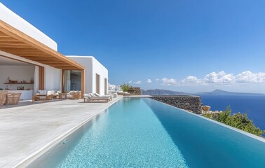 Fototapeta premium Modern villa with pool in high-end area of town, minimalist concrete and wood facade