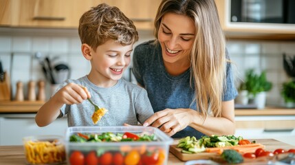 Smiling mother and her cute son preparing school lunch box with healthy food at wooden table in kitchen