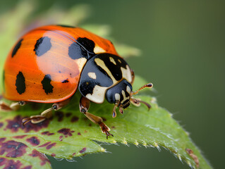 Fototapeta premium Vibrant ladybug perched on lush green leaf, showcasing intricate details of nature up close.