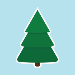 Green pine tree with white border against blue background. Vector sticker