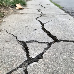 Obraz premium Cracked Pavement with Grass and Leaves Nearby