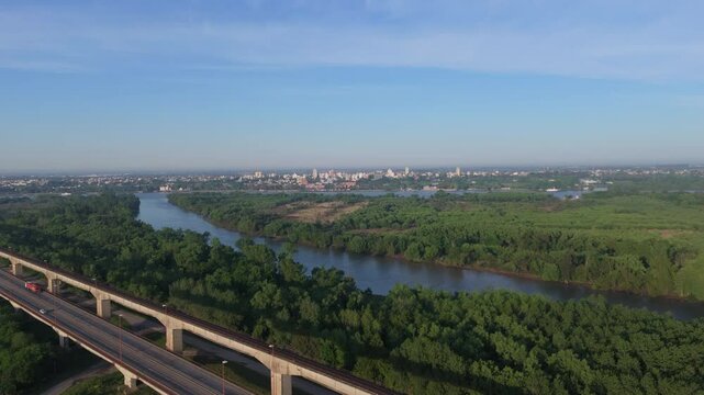 Wide aerial view of the bridge over the Paran&aacute; River in Zarate. Buenos Aires, Argentina. 4k.