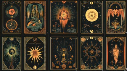 A collection of tarot cards featuring mystical and symbolic imagery.