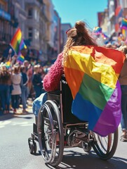 Obraz premium Woman in wheelchair participating in gay pride parade, holding rainbow flag. Inclusive community celebration of diversity and social equality.