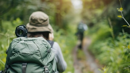 Two hikers navigate a lush trail, surrounded by greenery, capturing the essence of adventure and exploration in nature.