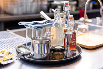 Cocktail utensils. Set of bar tools on stone table. Top view flat lay. Bar tools for making cocktai