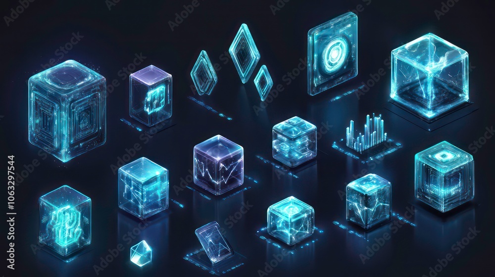 Poster A collection of transparent, glowing geometric shapes representing data and technology.