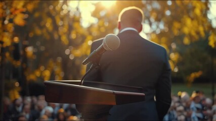 US political party candidate captivates the audience with an inspiring speech, showcasing themes of unity, strength, and dedicated leadership.