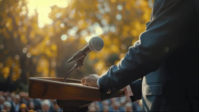 At a political rally, a liberal candidate stands before the American flag, delivering a compelling address to a captivated audience. Ideal for themes of democracy and public leadership.
