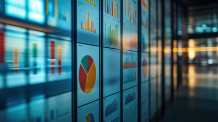 Colorful business analytics graphs displayed on office wall screen, data visualization, statistics, financial trends, modern technology, corporate environment, growth analysis, business insights