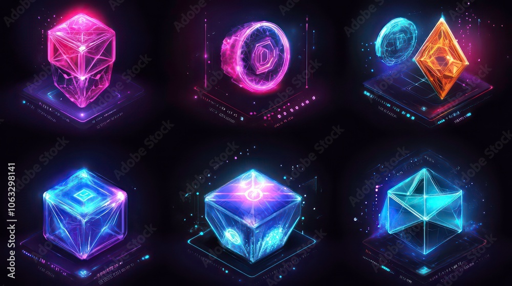 Aufkleber a collection of glowing geometric shapes representing digital assets or technology.