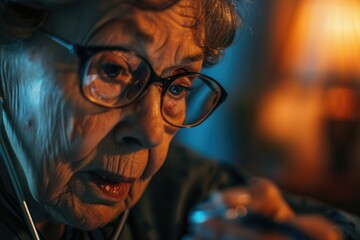 Obraz premium Senior woman examining her mobile device, wearing reading glasses and headphones