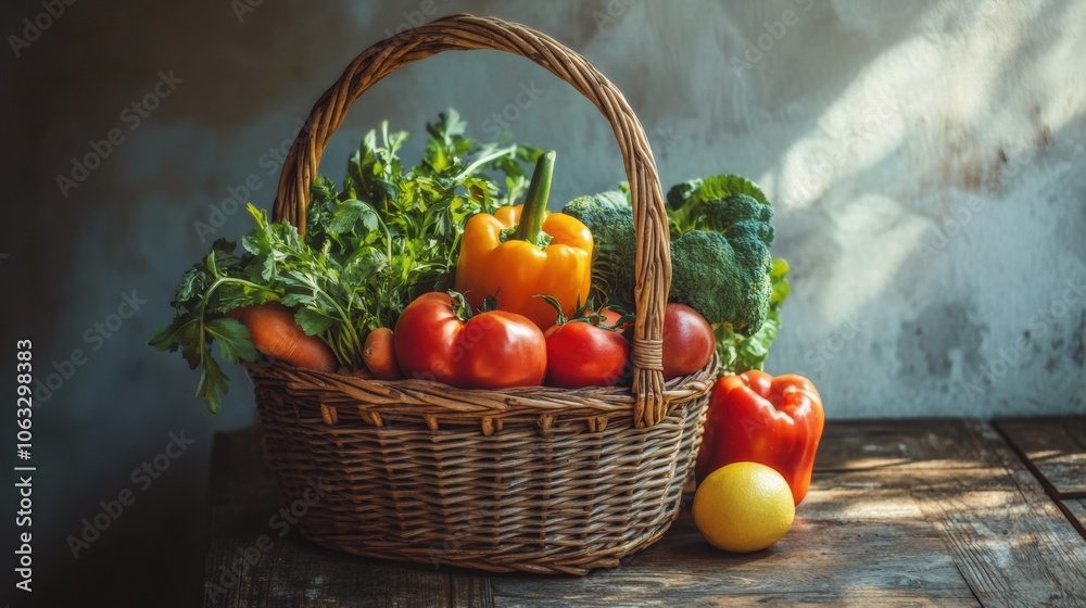 Leinwandbilder a wicker basket filled with colorful vegetables and fruits rests on a rustic wooden table, illuminat