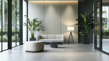 Lobby waiting area, modern, grey flooring, off white seating, large fixed glass on 2 sides, standing lamp, tall plants, overlooking outside garden.