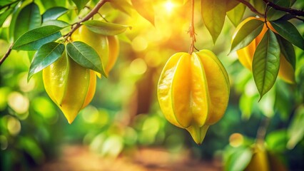Vintage Style Photography of Star Fruit Hanging on a Tree Branch, Capturing the Essence of Tropical Gardens and Nature&rsquo;s Bounty in a Timeless Aesthetic