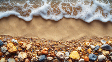 Waves washing over sandy beach with colorful stones and seashells, peaceful nature scene of coastal beauty, textures, relaxation, seashore, vacation, calm waves, beach vibes