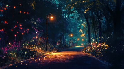 Obraz premium The road to the amusement park, beautiful lights.
