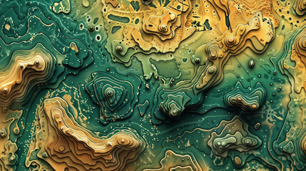 Abstract, textural artwork featuring intricate, organic patterns in vibrant shades of green and gold, evoking a sense of natural, geological formations